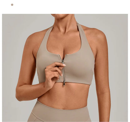 TRY TO BN Yoga Sports Bra Women's Zipper Halter Neck Naked Feeling Backless Underwear Fitness Tops Workout Running Gym Clothing