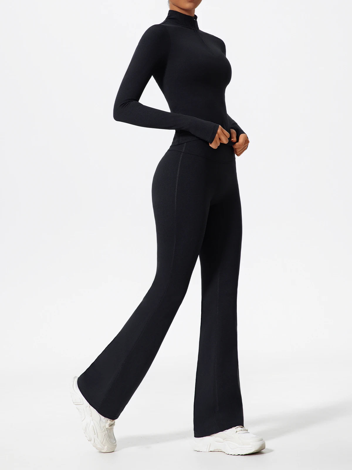 Hearuisavy Summer Half Zipper Yoga Suit Outdoor Workout Clothing Gym Set Women Flared Pants 2Pcs Sports Long Sleeves Shirt Suit
