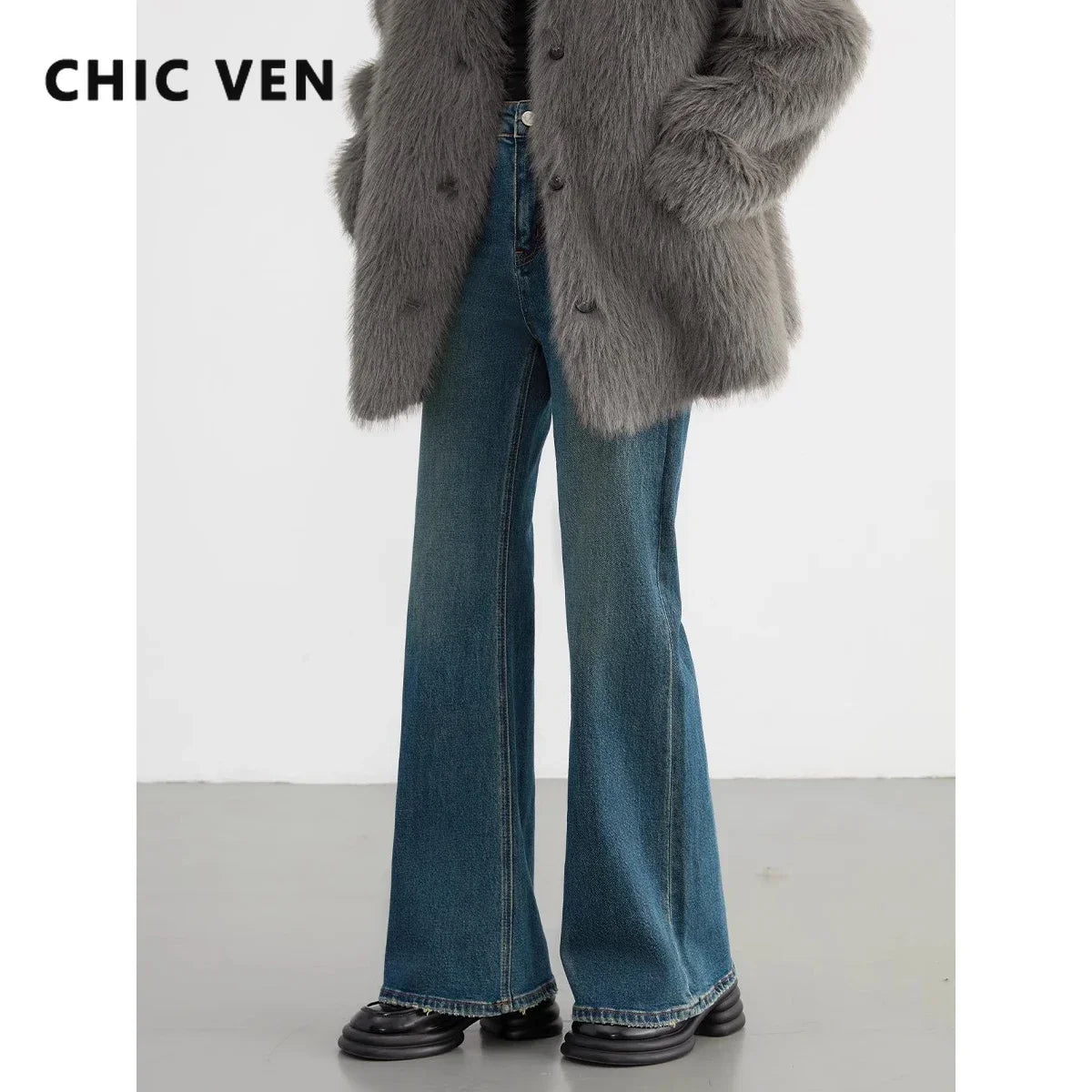 CHIC VEN Women Jeans New High Waist Flare Denim Pants Micro Elastic Woman Trousers Horseshoe Pant Female Autumn Winter 2023