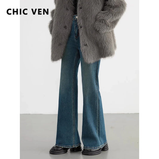CHIC VEN Women Jeans New High Waist Flare Denim Pants Micro Elastic Woman Trousers Horseshoe Pant Female Autumn Winter 2023