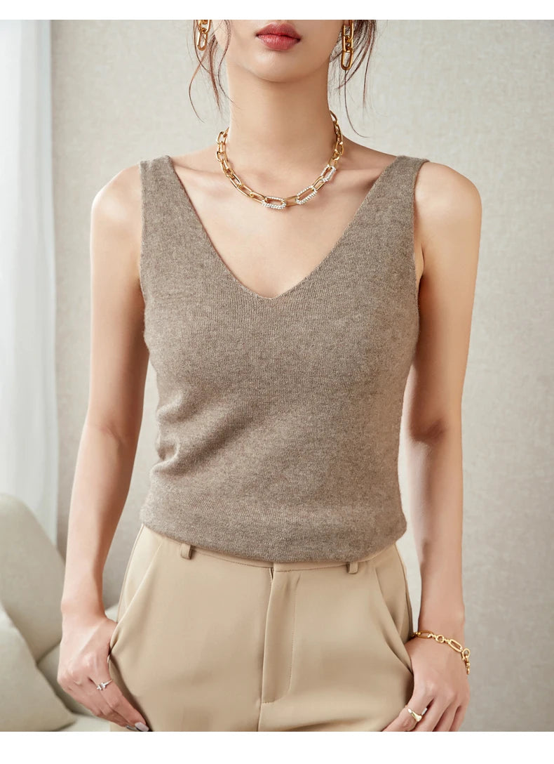 Women's Spring and Autumn 2026 New 100% Merino Wool V-Neck Pullover Knitted Suspender Casual Soft Inner Vest Women's Clothing