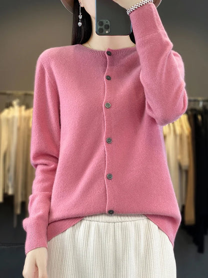 100% Merino Wool Sweater Women O-Neck Cardigan Basic Style  Buttoned Knitwear Female Casual Autumn Winter Soft Tops