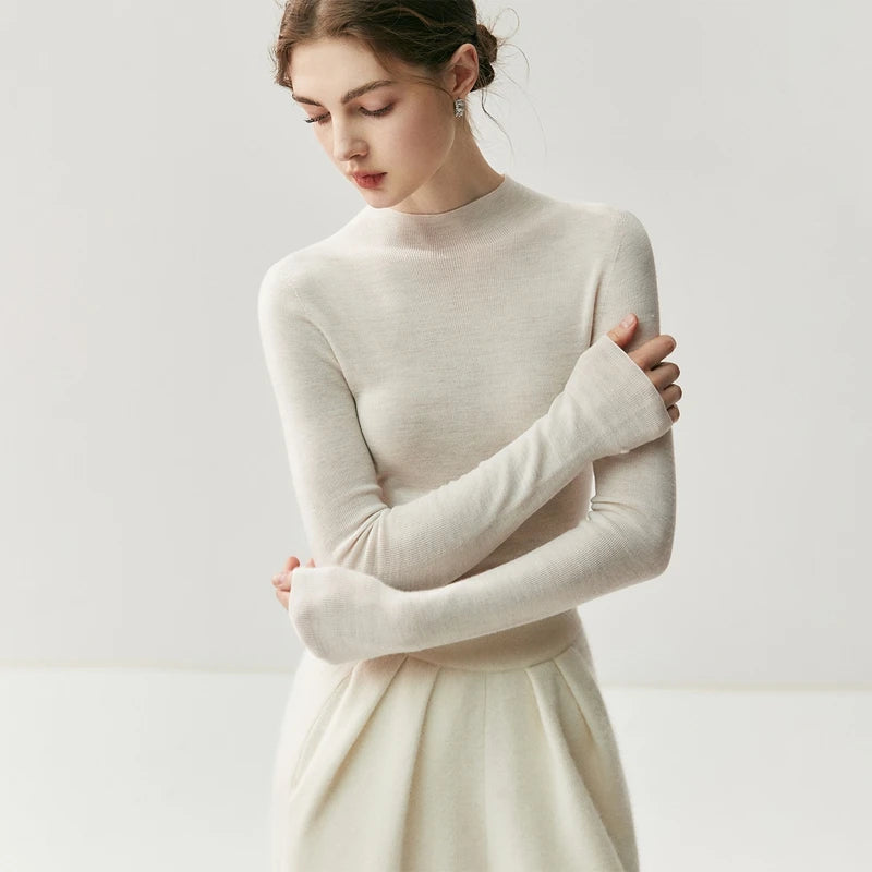 CHICUU Women 100% Wool Sweater Machine Washable Mock Neck Pullover 18-Thread Worsted Cashmere Knitwear   Autumn Winter Clothes