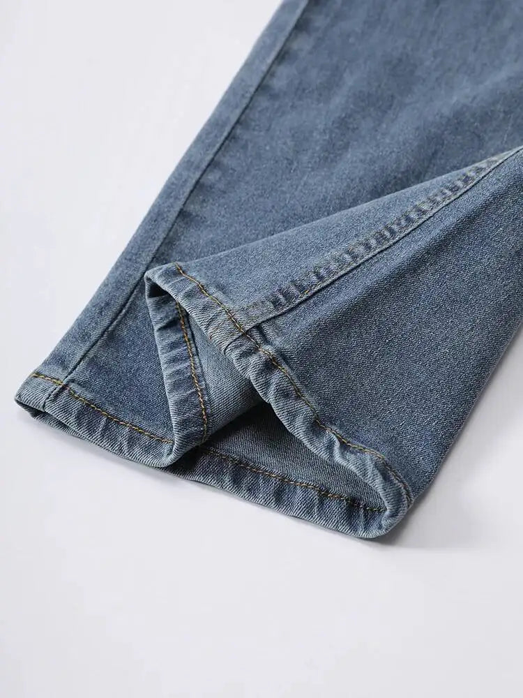 DEAT Fashion Fold Over Waist Flare Jeans Women's Low Waist Slim Light Blue Denim Pants Summer New