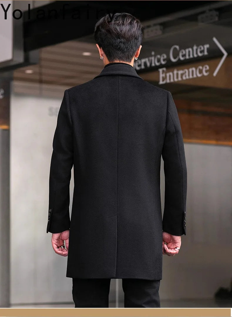 YOLANFAIRY 2025 Autumn Genuine Sheepskin Patchwork Wool Coat Man Clothing Men's Mid-length Suit Windbreaker Trendy Woolen Jacket