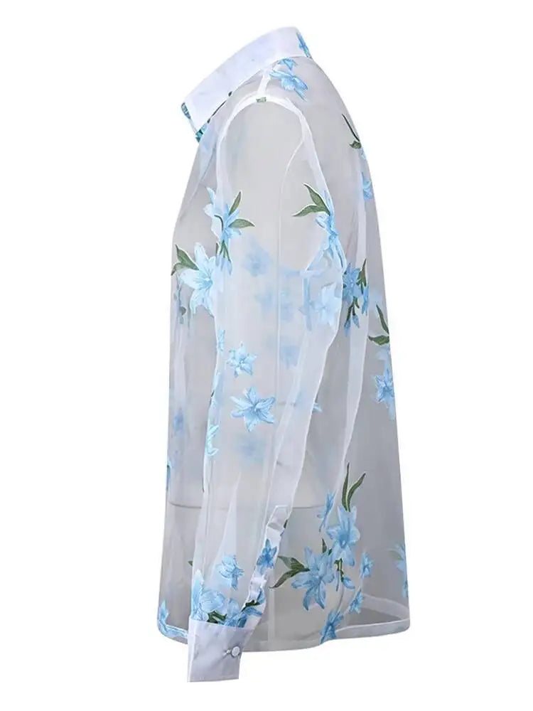 DEAT Fashion Floral Print Sheer Organza Shirt Women's Lapel Loose Light Blue Blouse Summer New