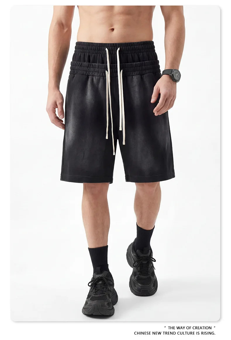 Custom LOGO men's 320G heavy 100% washed and old double waist high waist medium pants loose casual sports five-point shorts