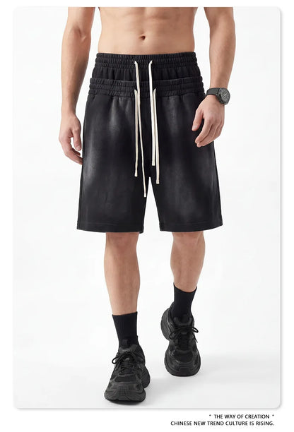 Custom LOGO men's 320G heavy 100% washed and old double waist high waist medium pants loose casual sports five-point shorts