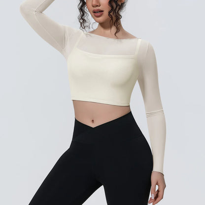 Hearuisavy Women's Mesh Long Sleeve Yoga Top With Padded Bra Fake Two Piece Gym Clothing Fitness Top Quick Dry Sports Crop Top