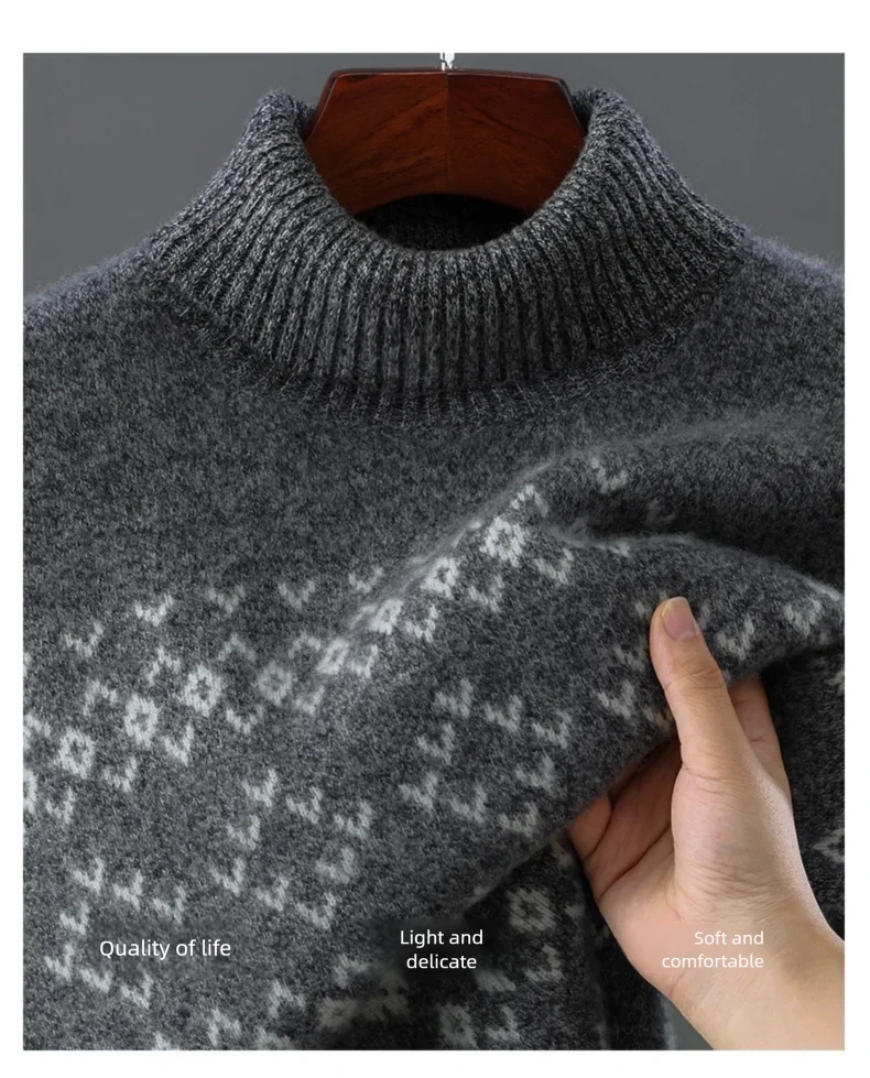 New 100% Pure Wool Cashmere Men's O-neck Pullover 2025 Autumn/Winter Color Matching Top Casual Thick Fashion Large Size Jacket