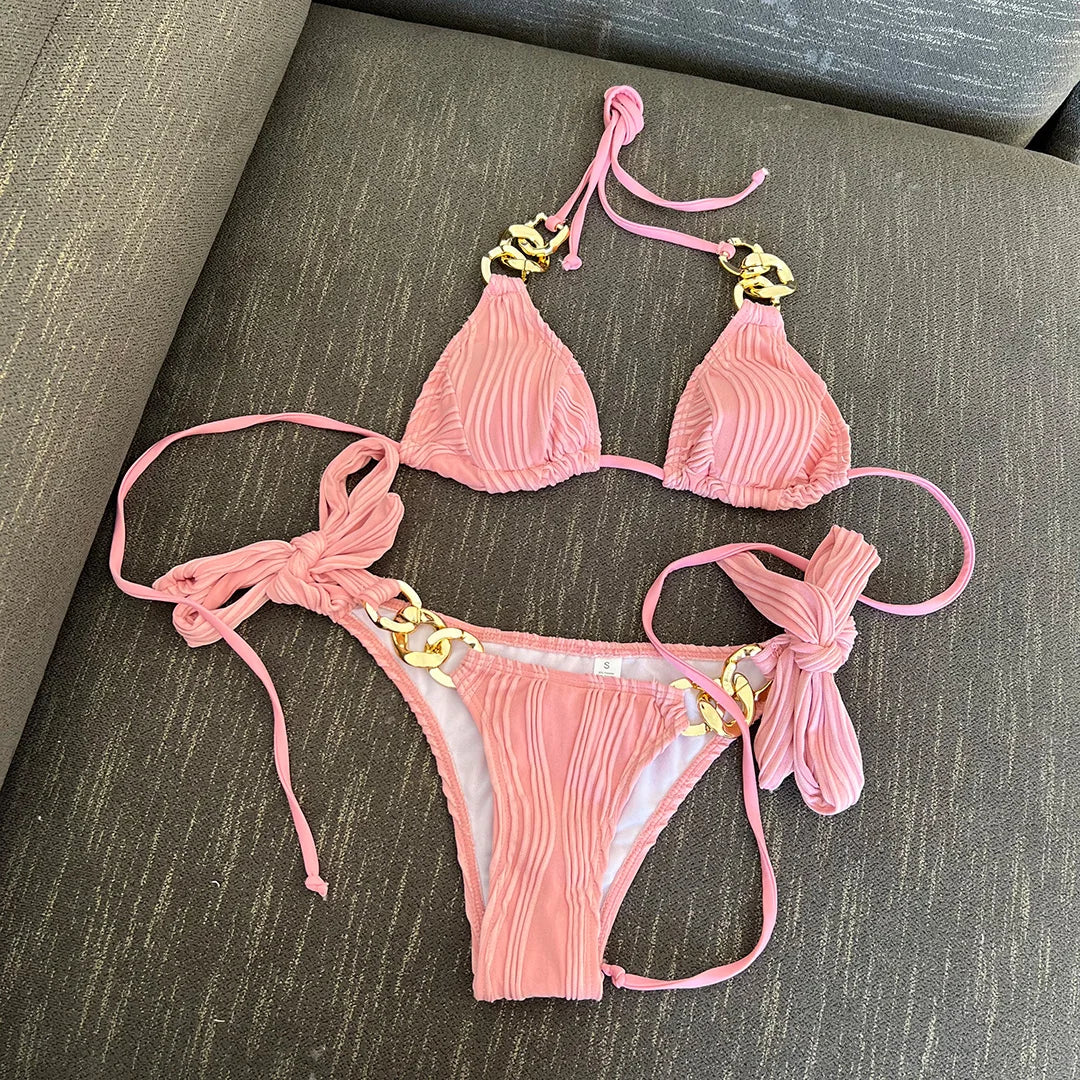 Metal Rings Halter Wrinkled Bikini Female Swimsuit Women Swimwear Two-pieces Bikini set Bather Bathing Suit Swim Lady V4149SW