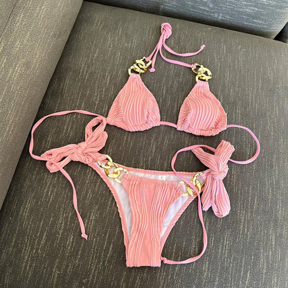 Metal Rings Halter Wrinkled Bikini Female Swimsuit Women Swimwear Two-pieces Bikini set Bather Bathing Suit Swim Lady V4149SW