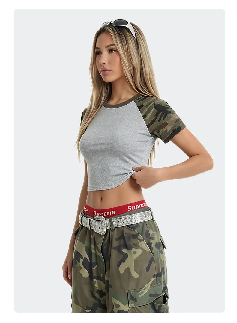 Custom LOGO Women's American Street Spice Girl Camouflage Ragged Short Sleeve T-Shirt 210G Cotton Slim-fit Contrast Top