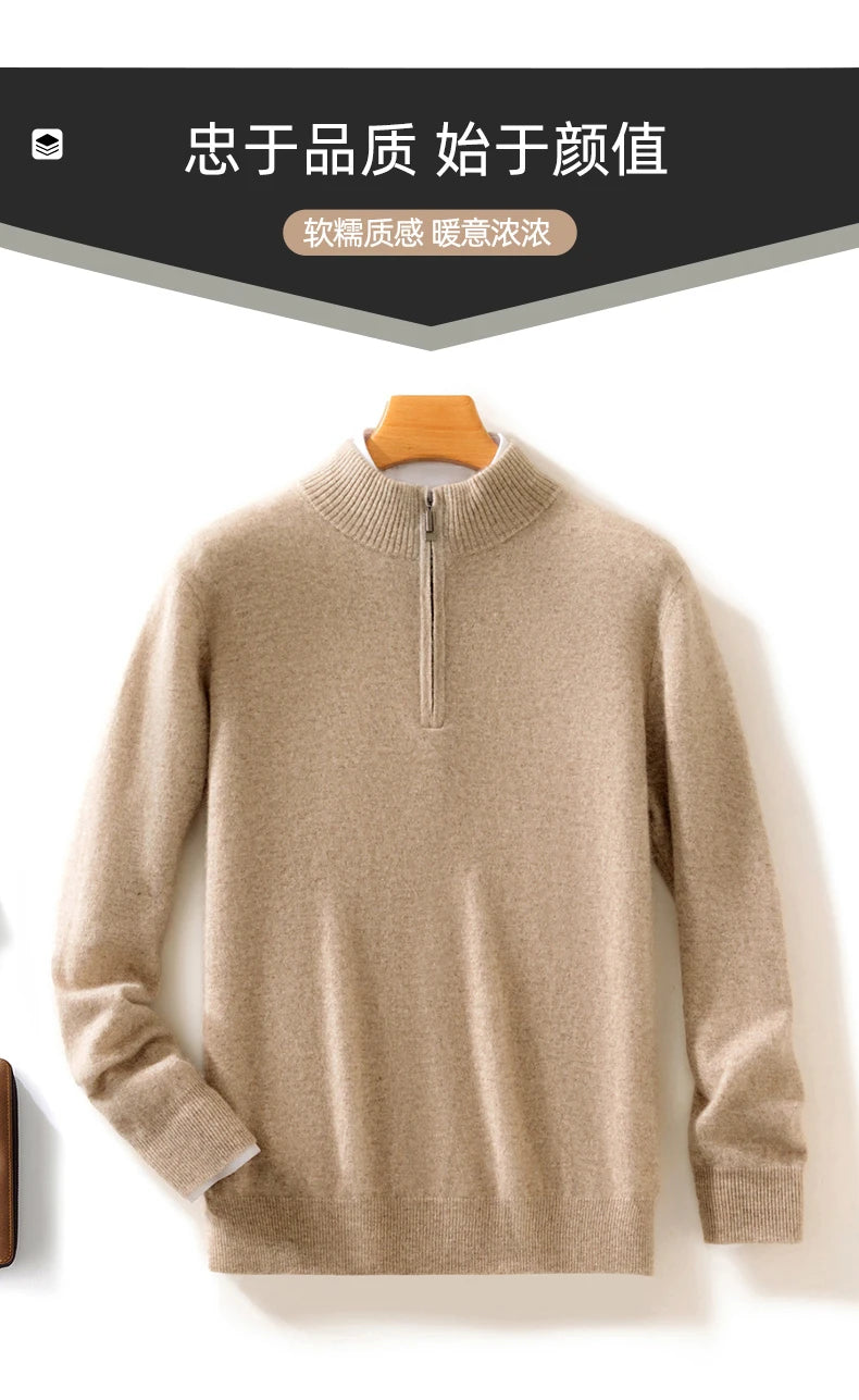 High-end 100% Cashmere Pullover for Men Mock Collar Thick Sweater Autumn Winter Knitted Jumper Warm Clothing Smart Casual Top