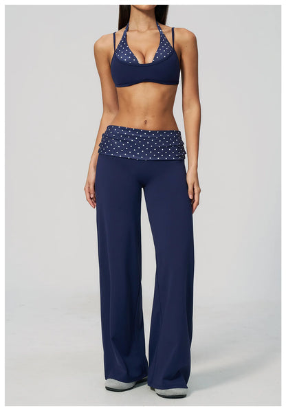 Custom LOGO women's sports trousers retro splicing polka dots folded waist fitness hip lift abdomen yoga trousers