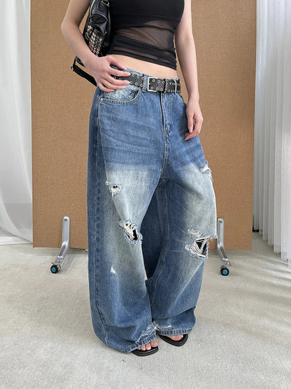 DEAT Fashion Washed Ripped Hole Vintage Straight Jeans Women's High Waist Long Wide Leg Blue Denim Pants Summer New