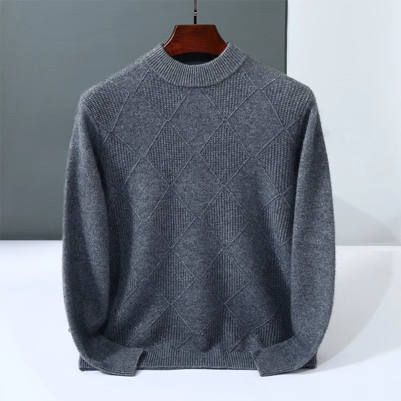 Autumn Winter New Style 100% Goat Cashmere Men's Mock Neck Diamond Knitted Base Shirt Casual Business Top Fashionable Knitwear