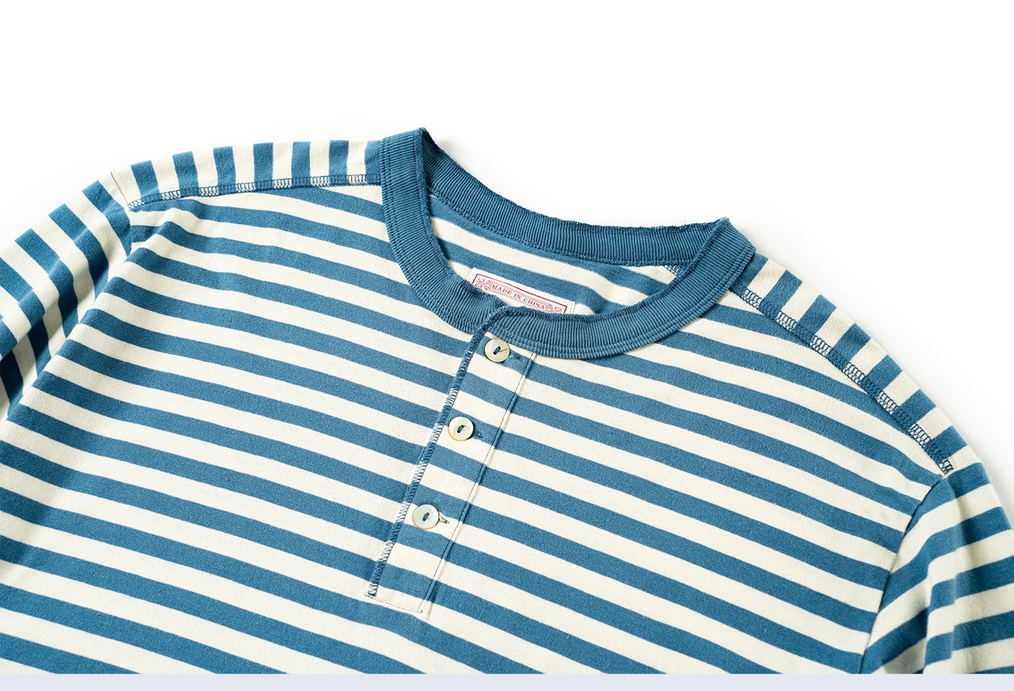 American retro striped long sleeved T-shirt for men, heavy-duty cotton washed T-shirt, oversized casual Henry collar base shirt