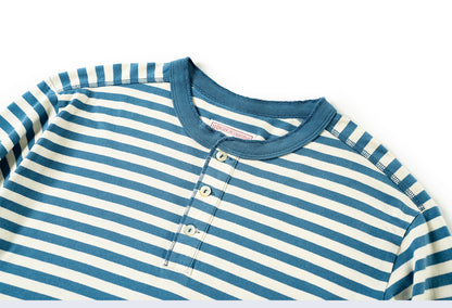 American retro striped long sleeved T-shirt for men, heavy-duty cotton washed T-shirt, oversized casual Henry collar base shirt