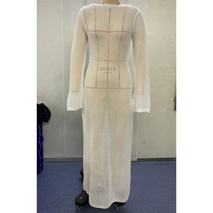 Sexy Long Sleeve Hollow Out Crochet Knitted Tunic Beach Cover Up Cover-ups Beach Dress Beach Wear Beachwear Female Women V5319