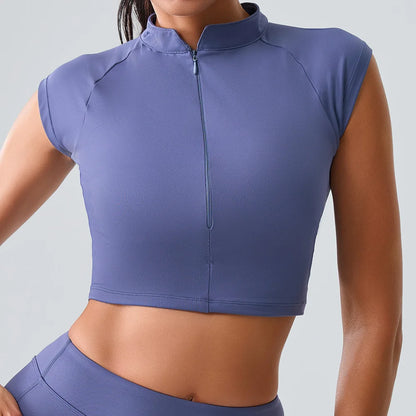 Zipper Sports Crop Top Women Short Sleeve Yoga Top Shirts Light Weight Gym Push Up Top Sports Shirt Running Workout Crop Tops