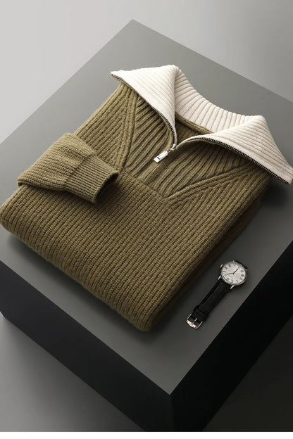 High Quality Men 100% Wool Sweater Turn Down Collar Zippers Pullover 2025 Autumn/Winter Thickened Soft Warm Knitwear Jumper Tops