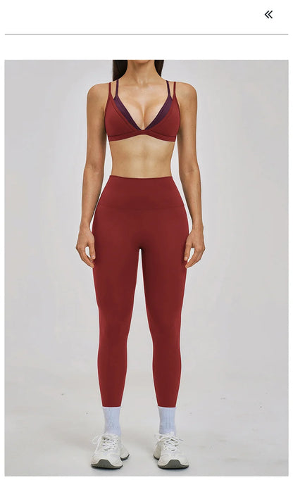 TRY TO BN Women's Color Block Yoga Sets Fake Two-Piece Sports Bra High Waisted Leggings Breathable Fitness Workout Gym Tracksuit
