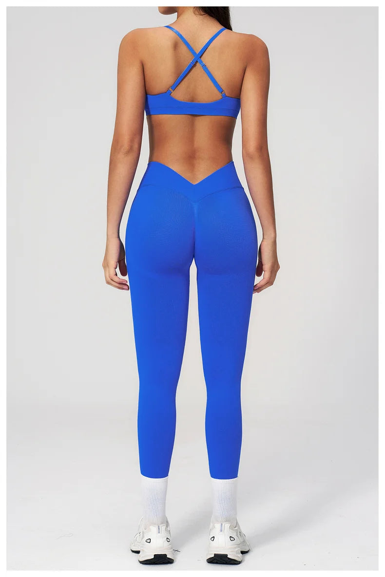 TRY TO BN Women Tracksuit 2 Piece Yoga Set Cross Bra High Waist V Waist Leggings Tummy Control Butt Lifting Workout Running Gym