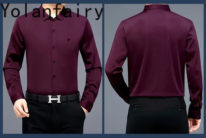 YOLANFAIRY 100% Mulberry Silk Long Sleeve Shirt Man Spring Autumn Casual Silk Mens Shirts Warm Male White Shirt chemises hommes