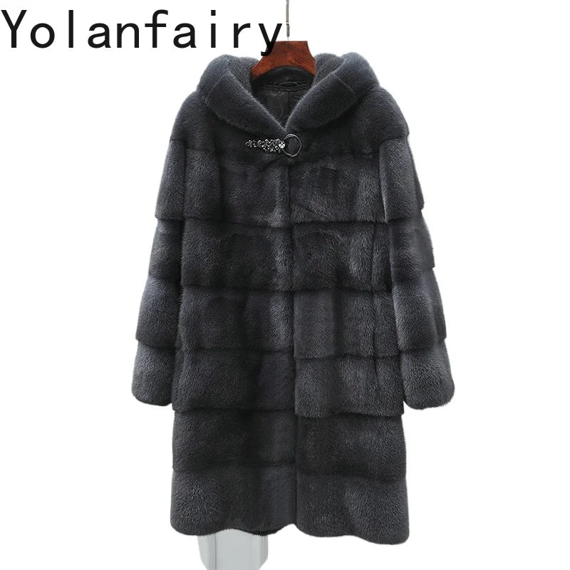 YOLANFAIRY Real Fur Coat Women Winter High Quality Mink Fur Jackets for Women Mid-length Natural Fur Coats Black Mink Jacket