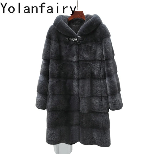 YOLANFAIRY Real Fur Coat Women Winter High Quality Mink Fur Jackets for Women Mid-length Natural Fur Coats Black Mink Jacket