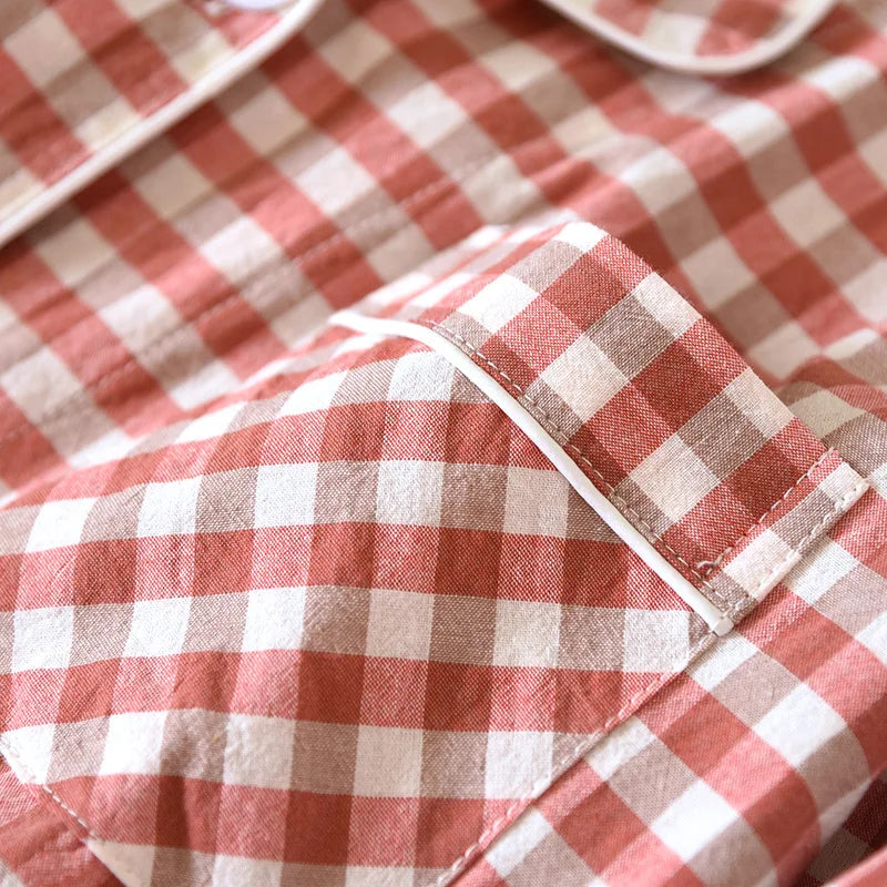 2026 New Japanese Spring and Autumn Couple Pajama Set 100% Cotton Men's and Women's Plaid Long Sleeve Two Piece Home Furnishing