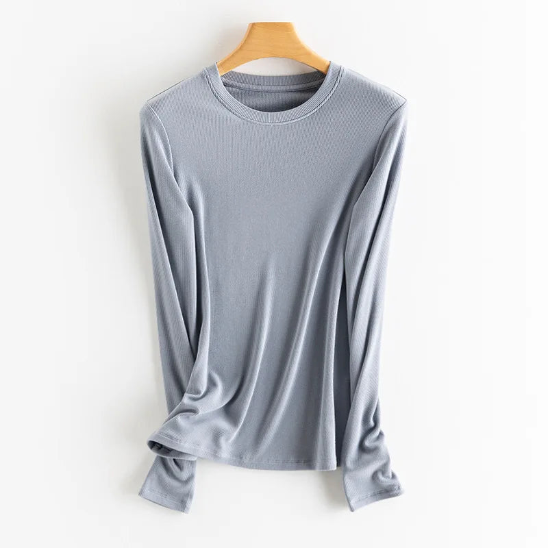 SuyaDream, Women Bottoming T Shirt, Silk Viscose Blend, Long Sleeves, Solid Basic Thermal  Shirt, 2024 Autumn Winter Top