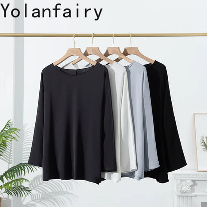 YOLANFAIRY 23MM 93% Real Mulberry Silk T Shirts for Women Summer O-neck Blouse Woman Elegant Shirt Loose OL Tops and Blouses