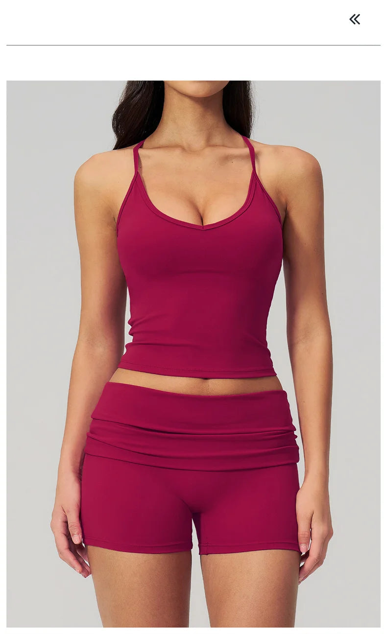TRY TO BN Two Pieces Women's Tracksuit Vest Sling Top Set Fold-over Waist Yoga Shorts Hip Lifting Running Fitness Gym Activewear