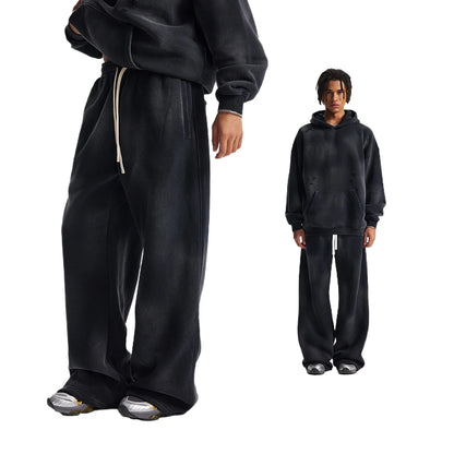 Custom LOGO autumn winter men's women's new white spray dyeing washing water 360G velvet cotton polyester sweatshirt sweatpants