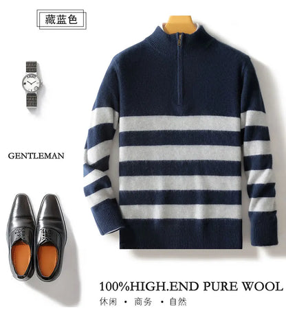Men's 100% Merino Wool Sweater Half-high Collar Half Zip Thick Pullover Autumn Winter Cashmere Stripe Knitwear Long Sleeved Tops