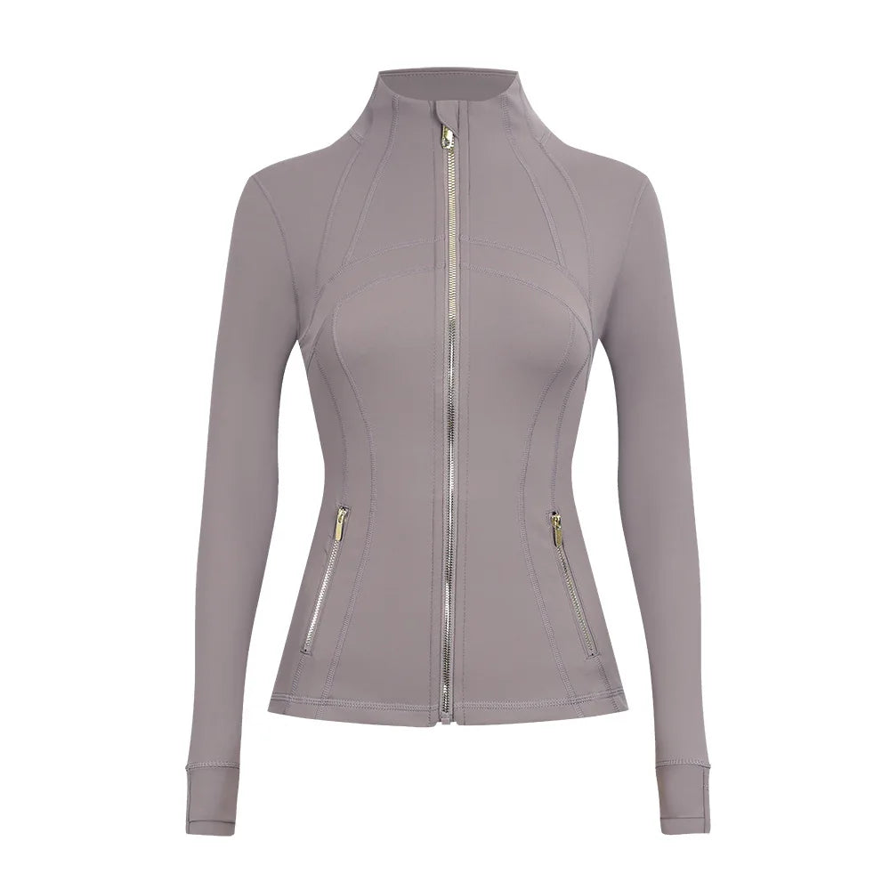 Personalized LOGO custom women's gold zip jacket tight stand-up collar quick-drying fitness running yoga suit 41-color S-3XL top