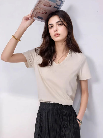 SuyaDream Women Solid T shirts, Silk Cotton Blend, O Neck, Short Sleeved Solid Tee,2025 Summer Candy Colors Basic Cozy Top Green