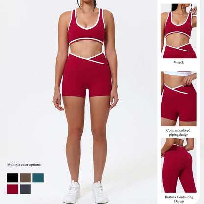 New Summer Women's Fashion Yoga Sports Bra Set (2-Piece) with Fitness Yoga Outfit Color-Blocked Fitness Two-Piece Set Female