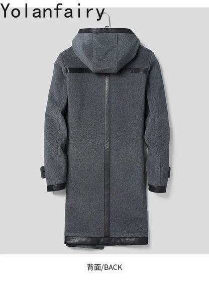 YOLANFAIRY Luxury Woolen Jackets for Man Autumn Winter Mid-length Pure Wool Patchwork Sheepskin Trench Coat Hooded Mens Jacket