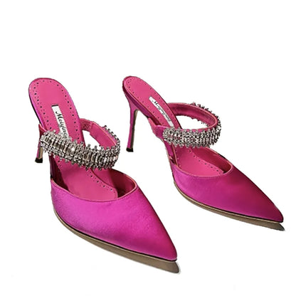 Women's 2022 Pump Summer New Rhinestone Chain Slippers High Heels Stiletto Pointed Shallow Mouth Silk Sandals Outer Wear