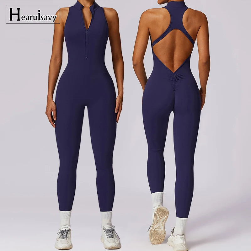 Summer V Back One-piece Suit Women Sports Jumpsuit Zippers Yoga Rompers Backless Sportswear Women Sleeveles Workout Bodysuits