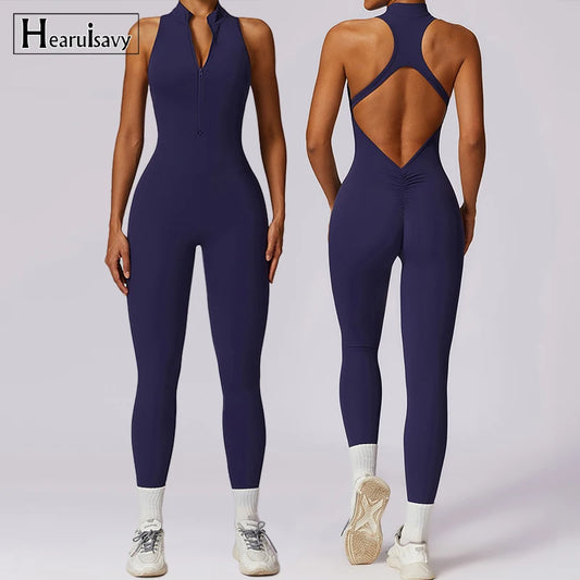 Summer V Back One-piece Suit Women Sports Jumpsuit Zippers Yoga Rompers Backless Sportswear Women Sleeveles Workout Bodysuits