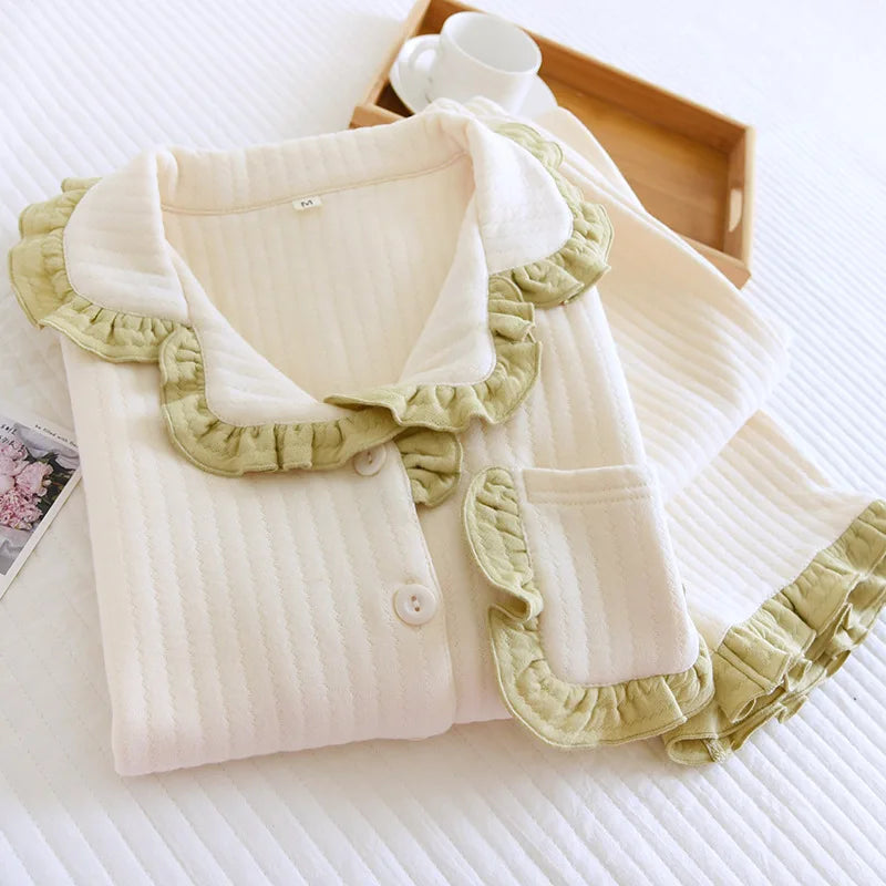 Autumn and winter new ladies pajamas set cotton air quilted long-sleeved trousers two-piece thickened cute homewear set women