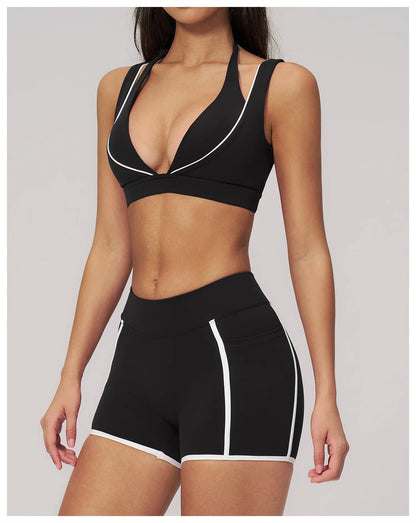 Color Contrast Deep-V Sports Bra Women's Gym Fitness Yoga Top Backless Breathable Sports Underwear Female Push Up Workout Top