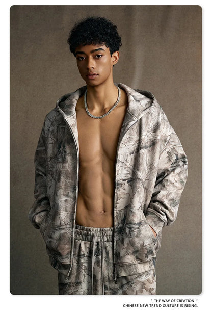 Custom LOGO men's new 340G heavy autumn and winter American camouflage fleece hooded sweatshirt jacket shorts set
