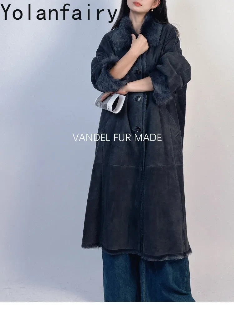 YOLANFAIRY Real Goatskin Leather Fur Coats for Women Winter High-end Natural Fur Coat Lazy Style Long Leather Jacket Luxury Wear