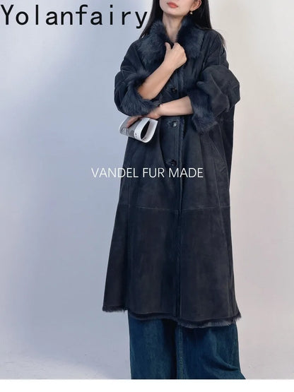 YOLANFAIRY Real Goatskin Leather Fur Coats for Women Winter High-end Natural Fur Coat Lazy Style Long Leather Jacket Luxury Wear