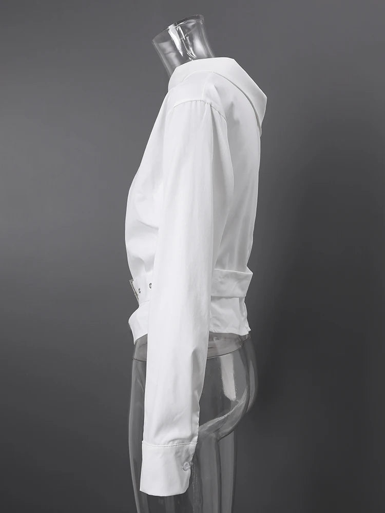 DEAT Fashion Belted Waist Shirt Women's One Shoulder Asymmetrical Collar Long Sleeve White Blouse Sumemr New